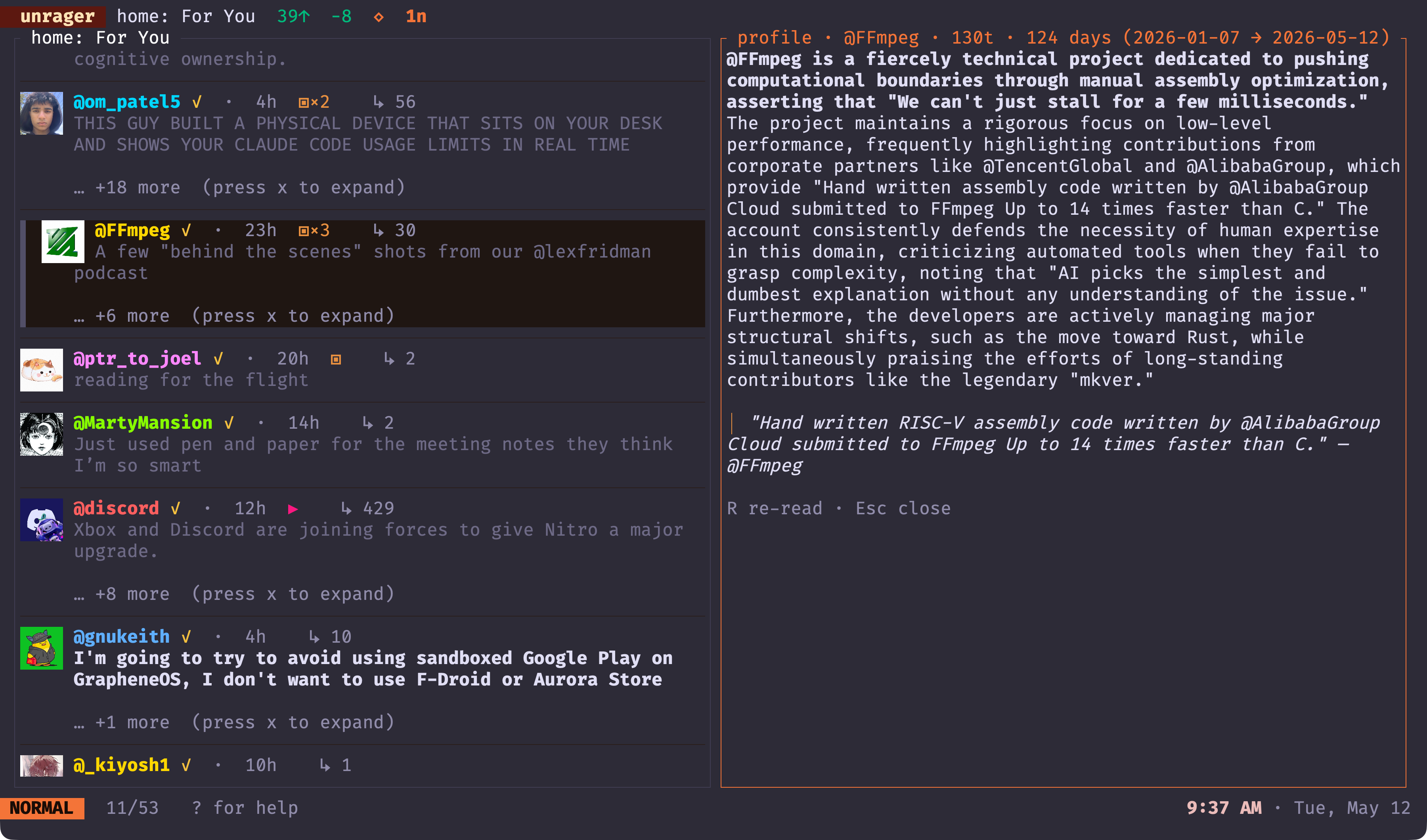 profile brief — a third-person analysis of @FFmpeg's recent posts streamed from the local LLM