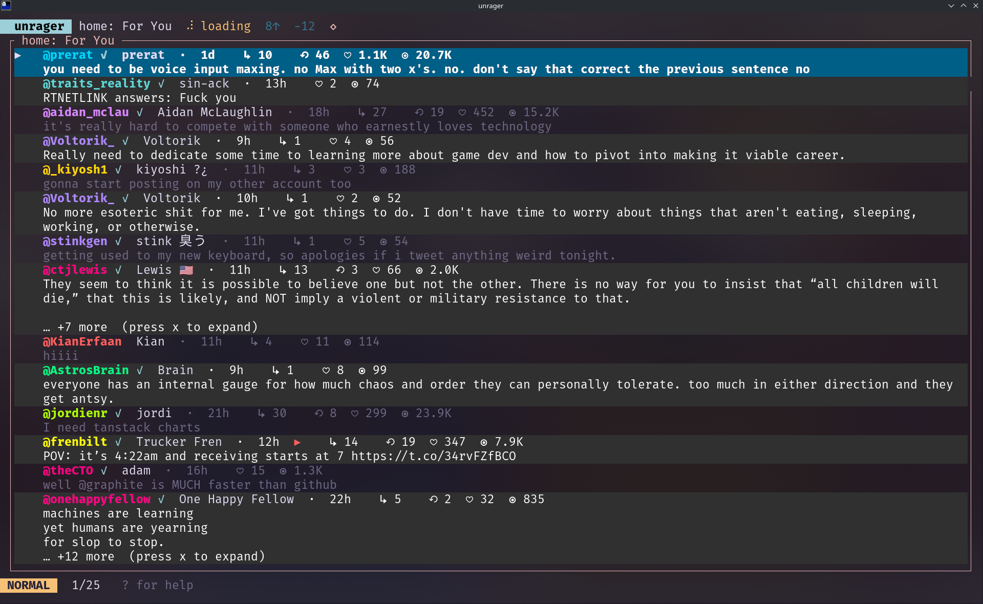 unrager home feed with the rage filter active, showing a −12 count of removed tweets in the status bar