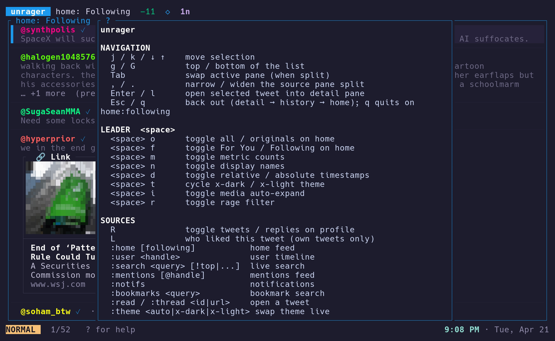 scrollable help overlay with key bindings and iconography