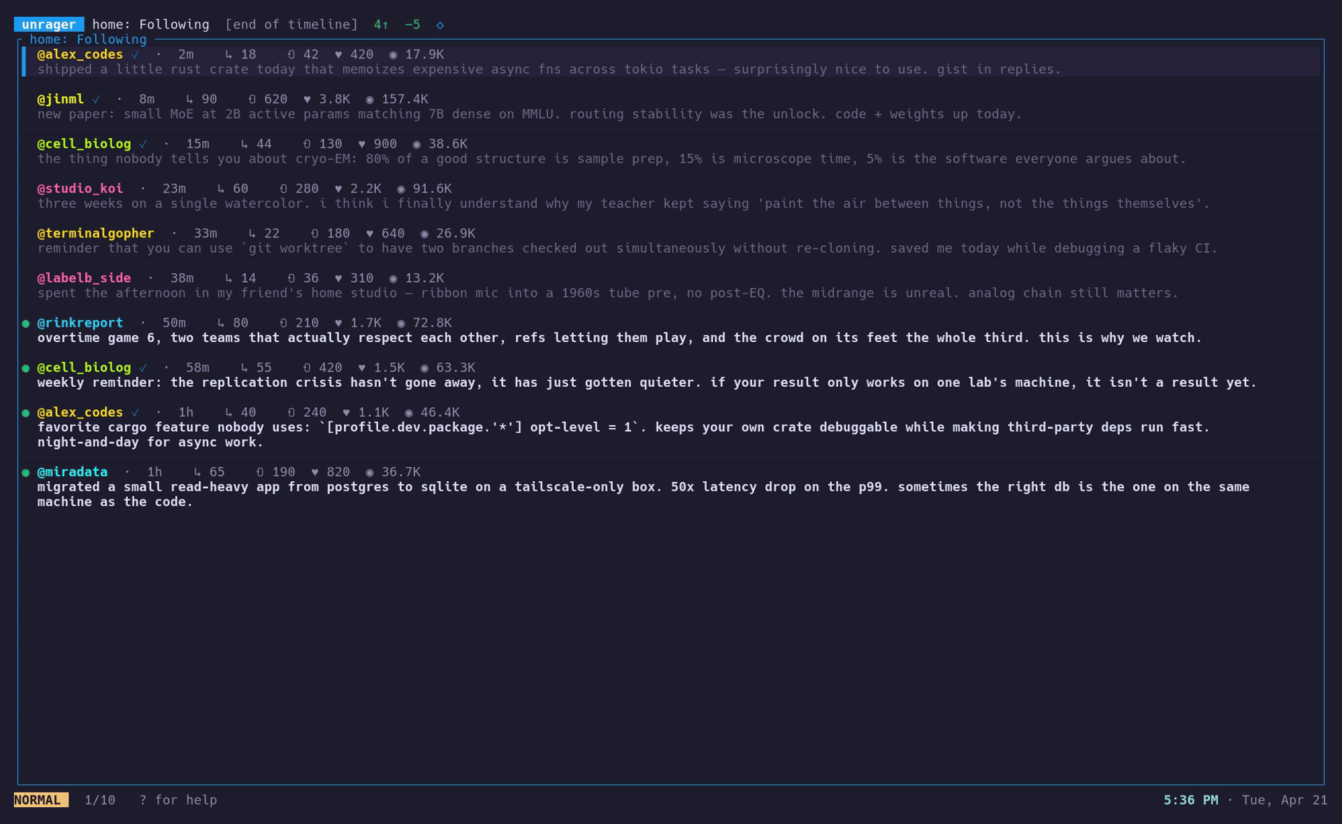 unrager home feed, rage filter active: scrolling through tweets, opening a thread, with −N count persistently visible in the status bar